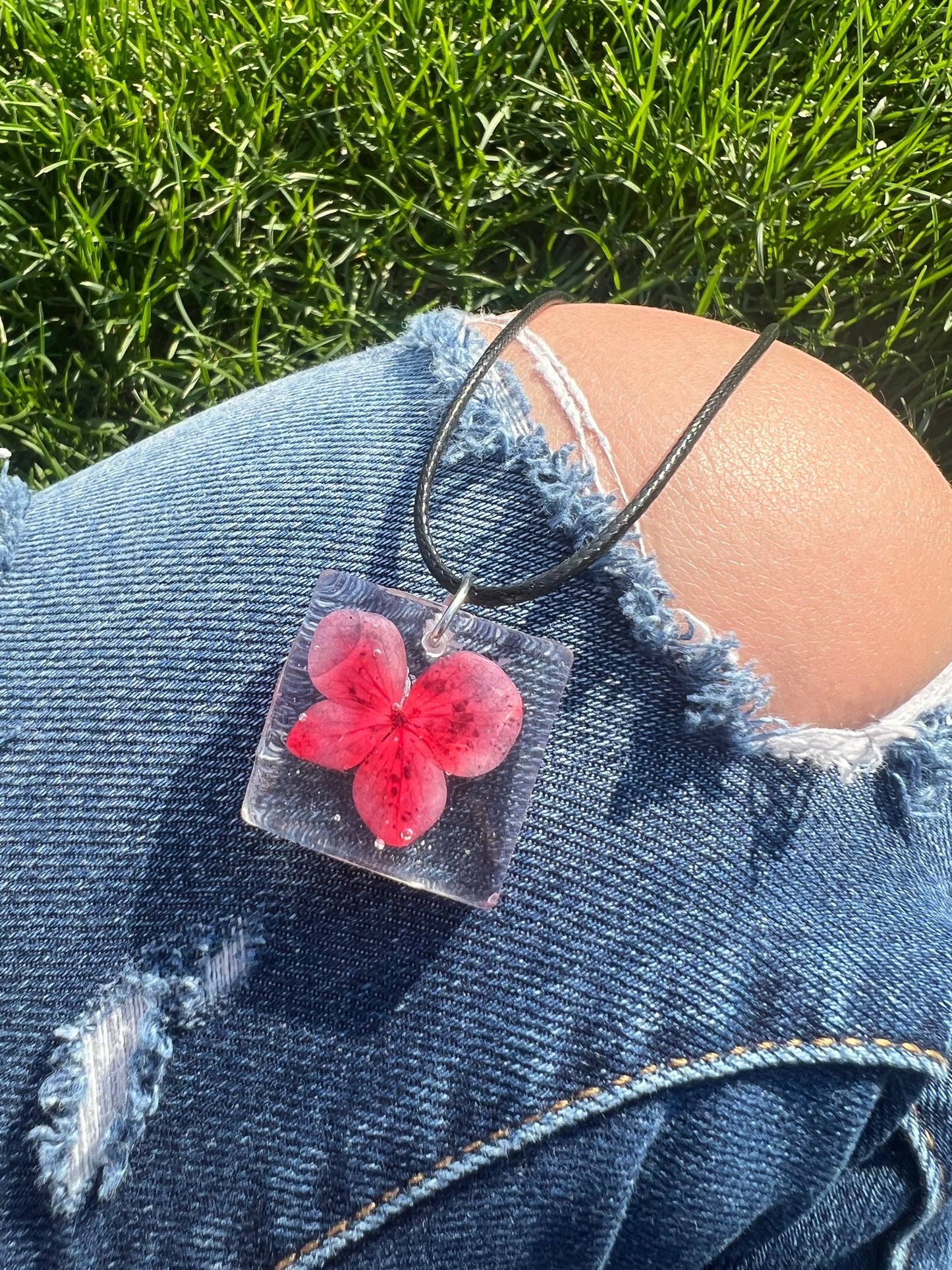 Necklace: Red Flower Square Pendant