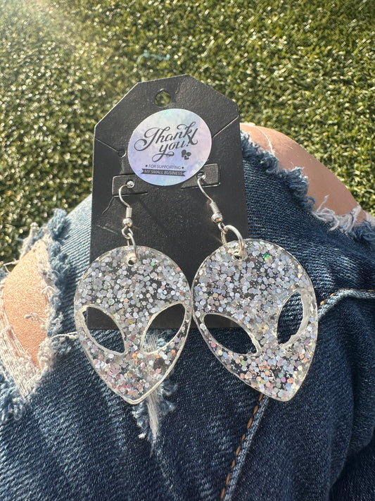 Silver Glitter Alien Earrings