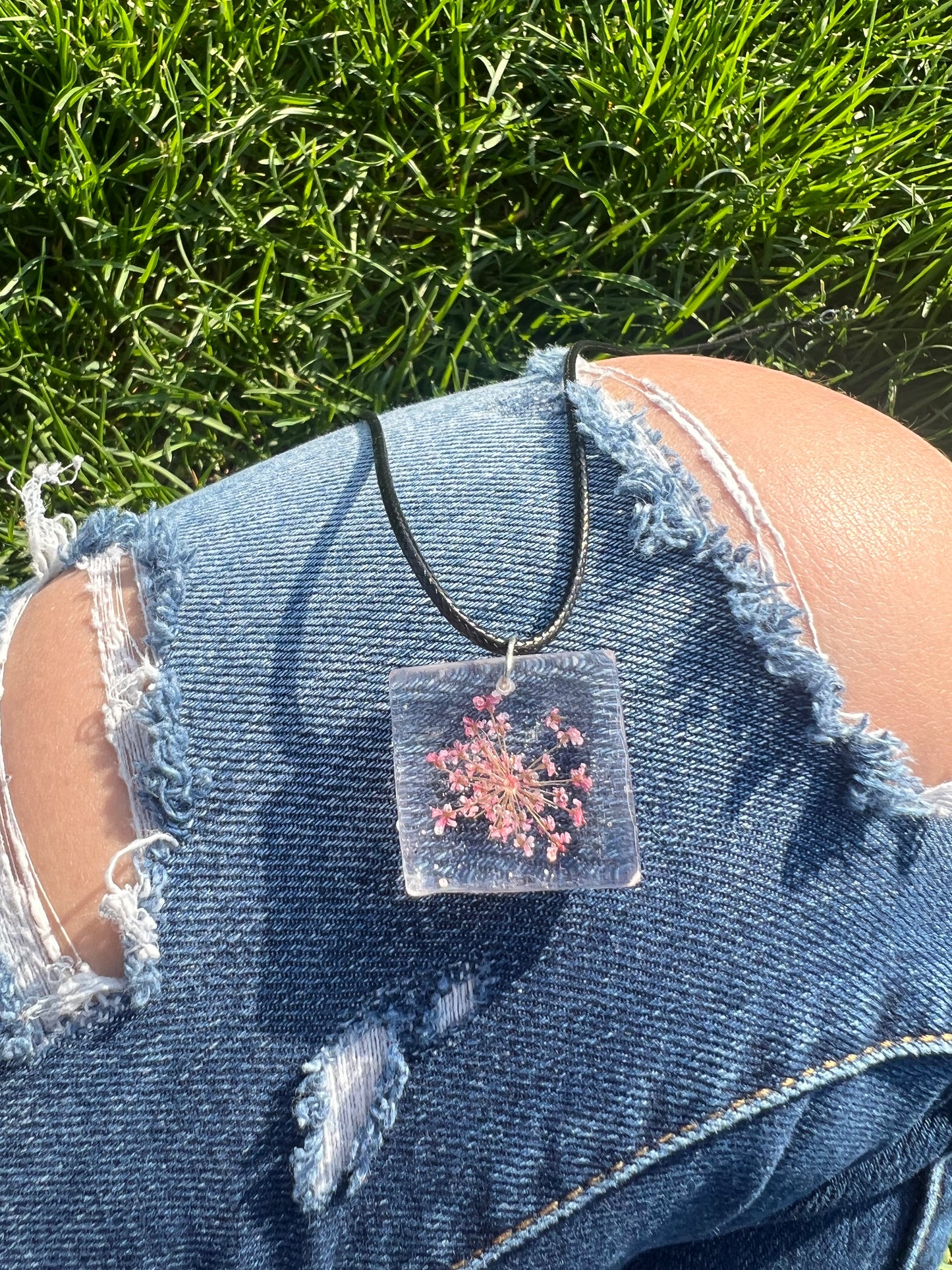 Necklace: Square Pink Flower Pendant