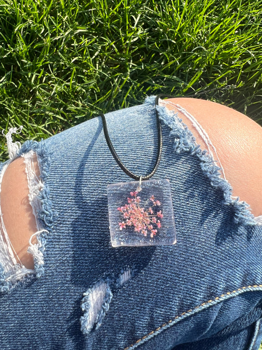 Necklace: Square Pink Flower Pendant
