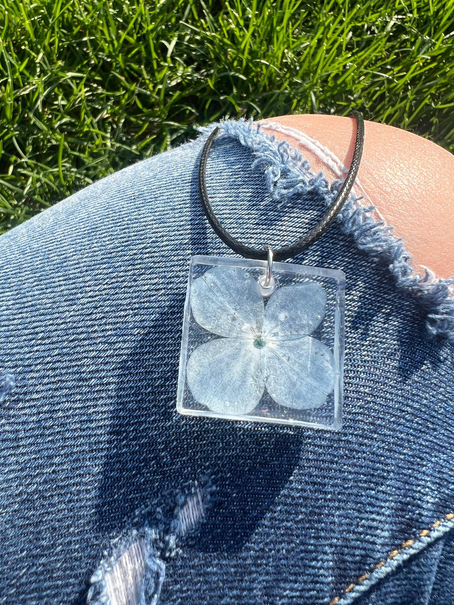 Necklace: Blue Flower Square Pendant