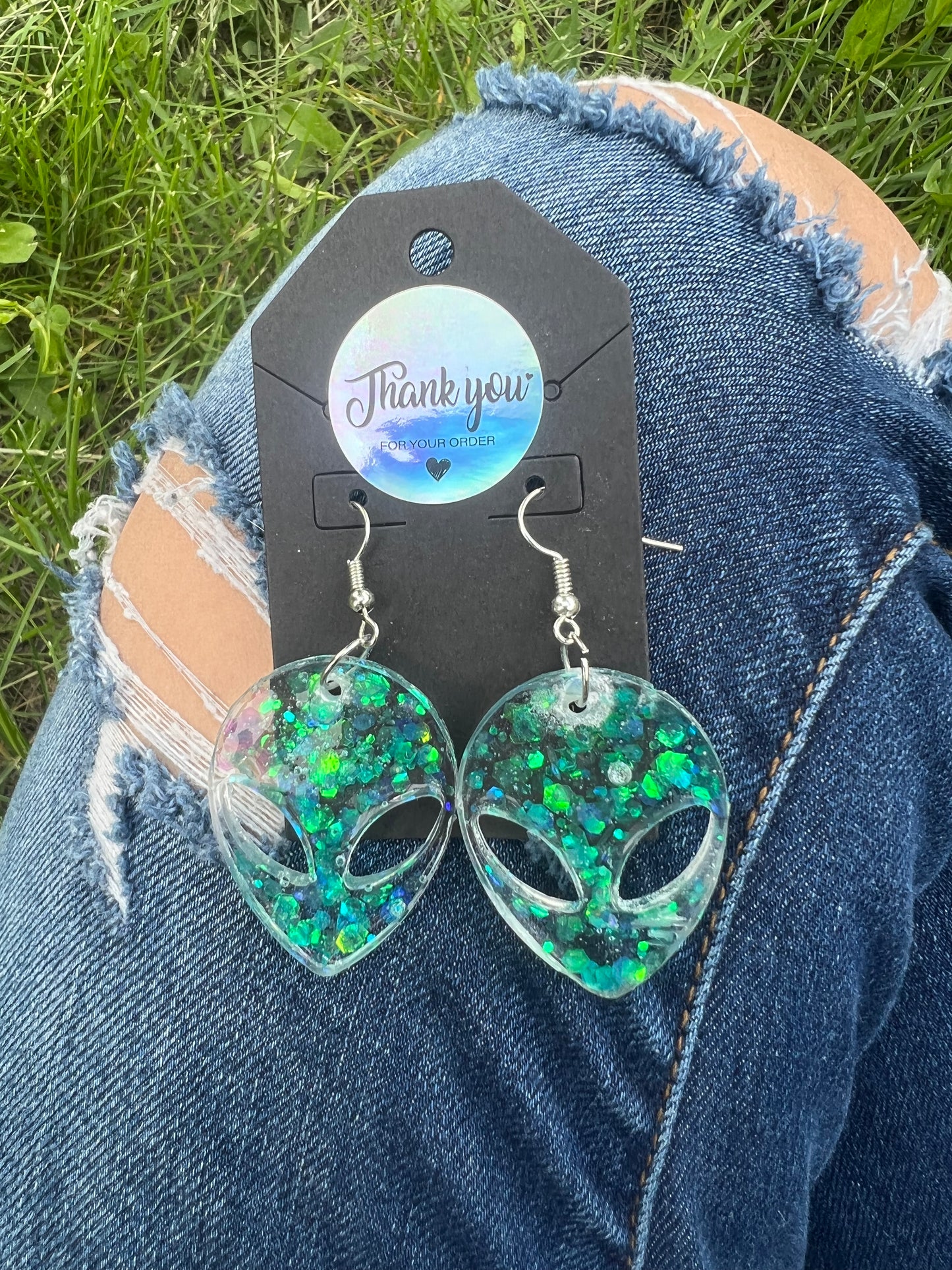 Earrings: Teal Glitter Aliens