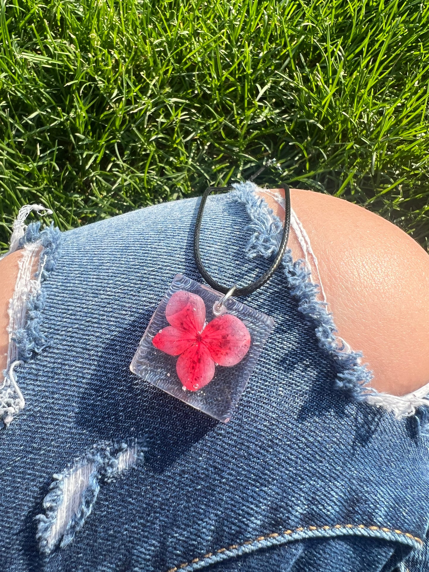 Necklace: Red Flower Square Pendant