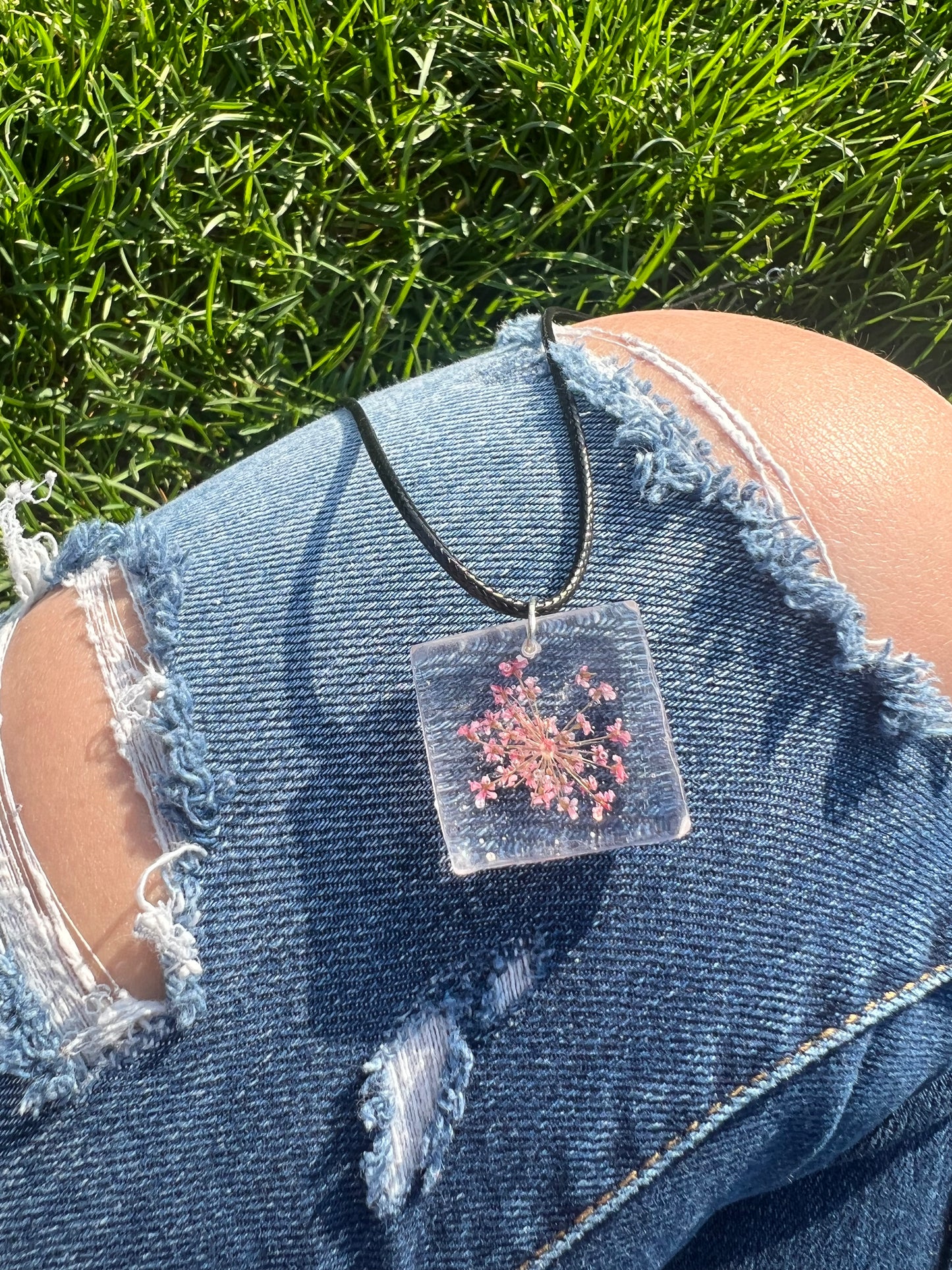 Necklace: Square Pink Flower Pendant