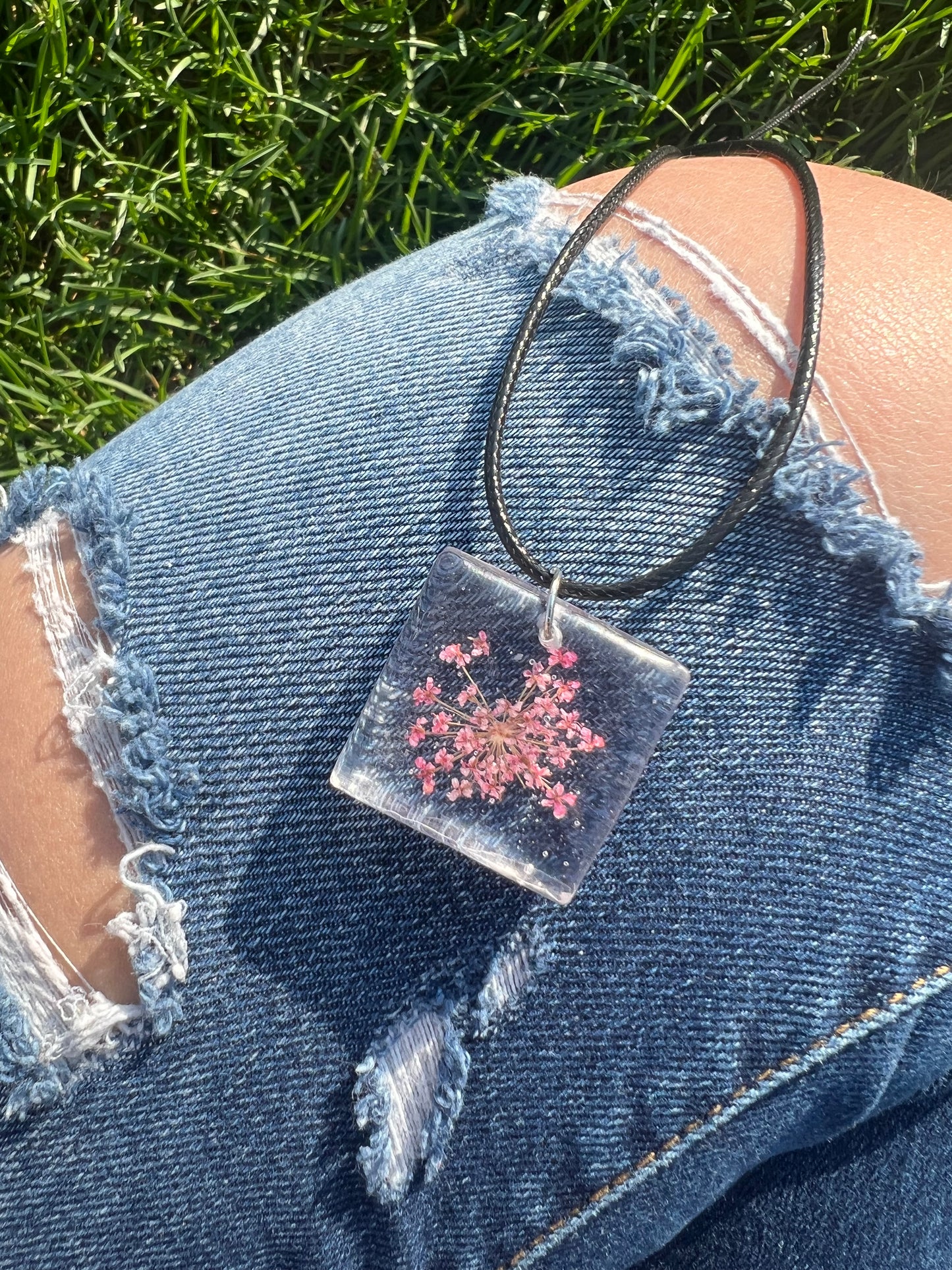 Necklace: Square Pink Flower Pendant